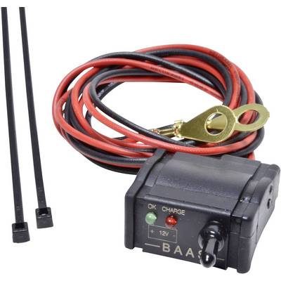 Un chargeur avec des câbles rouge et noir, des pinces crocodile et des voyants LED pour 'OK' et 'CHARGE', avec deux attaches de câble.