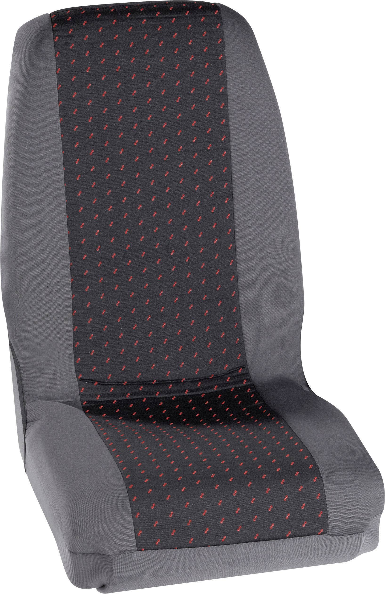 Un siège de voiture gris avec une surface centrale noire, ornée d'un motif de petites flèches rouges.