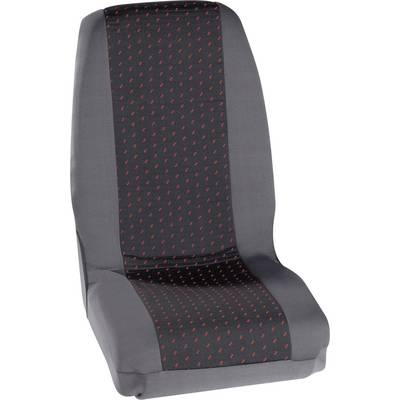 Un siège de voiture gris avec une surface centrale noire, ornée d'un motif de petites flèches rouges.