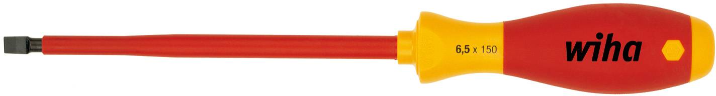 Un tournevis rouge et jaune avec manche isolé. Le marquage 'Wiha' indique la marque. Adapté aux travaux électriques.