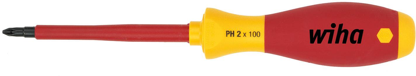 Un tournevis rouge et jaune avec manche isolé et lame cruciforme. Sur le manche est inscrit 'PH 2 x 100' et 'wiha'.