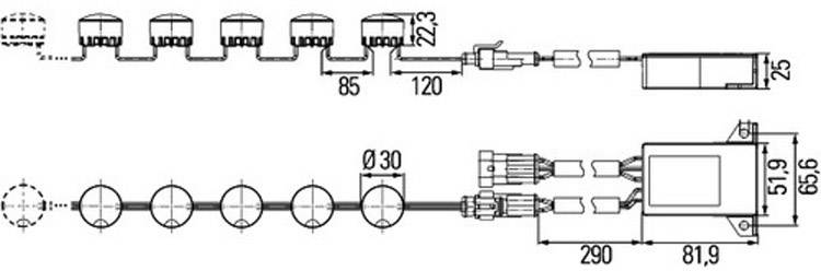 Représentation schématique d'un dispositif technique comprenant plusieurs composants cylindriques, reliés par des conduites et une unité rectangulaire.