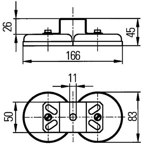 Dessin technique d'une double lampe avec dimensions : largeur 166 mm, hauteur 45 mm, profondeur 50 mm. Différentes perspectives.