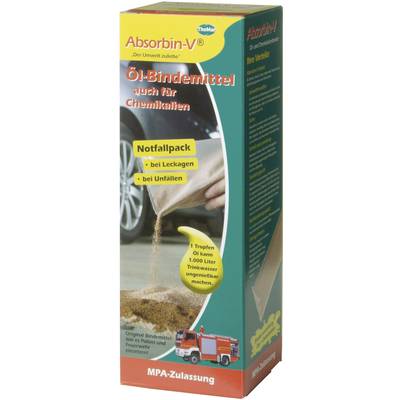 Emballage d'absorbant : 'Absorbin-V' pour produits chimiques. Pack d'urgence pour fuites et accidents. Image d'une voiture et d'un pompier.