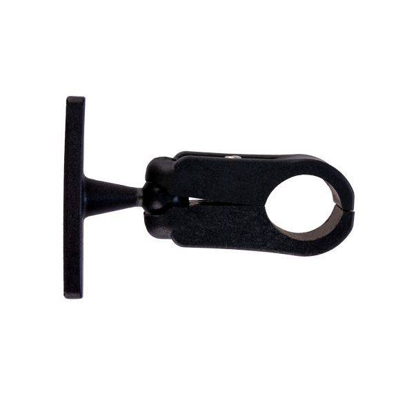 Support de microphone noir en plastique, latéral, avec ouverture circulaire et base plate.