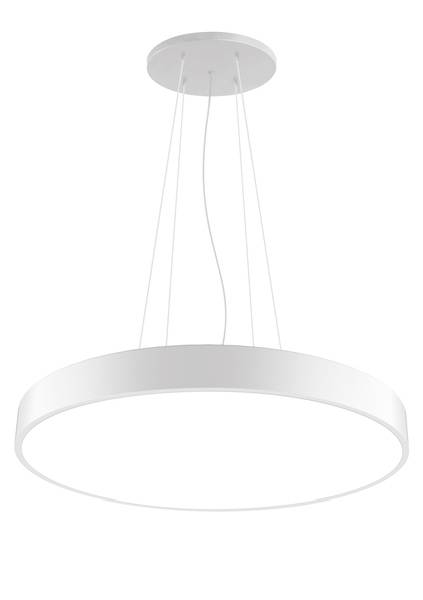 Luminaire de plafond rond et moderne en blanc, relié à la surface par de fins câbles. Design minimaliste pour intérieurs.
