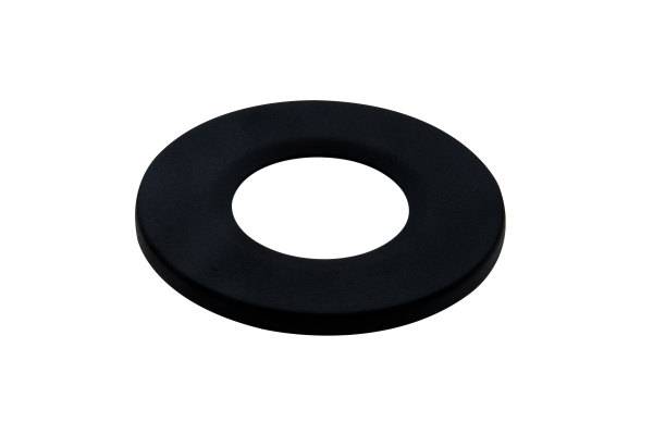 Un disque en caoutchouc noir et plat avec un trou au centre. Utilisé comme support ou entretoise dans des applications techniques.