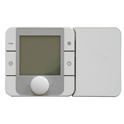 Un thermostat numérique avec un grand écran, entouré de touches pour le mode, le réglage de l'heure, le contrôle du ventilateur et l'interrupteur marche/arrêt.