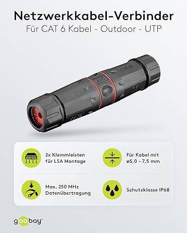 Connecteur de câble réseau Goobay Outdoor (IP68), CAT 6 UTP non blindé - étanche à la poussière et à l'eau, bornier...-1