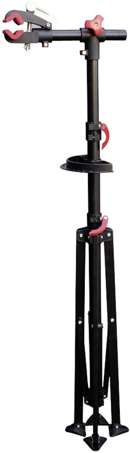 Support de réparation de vélo avec support réglable et pieds de support, adapté aux travaux de maintenance sur des vélos de différentes tailles.