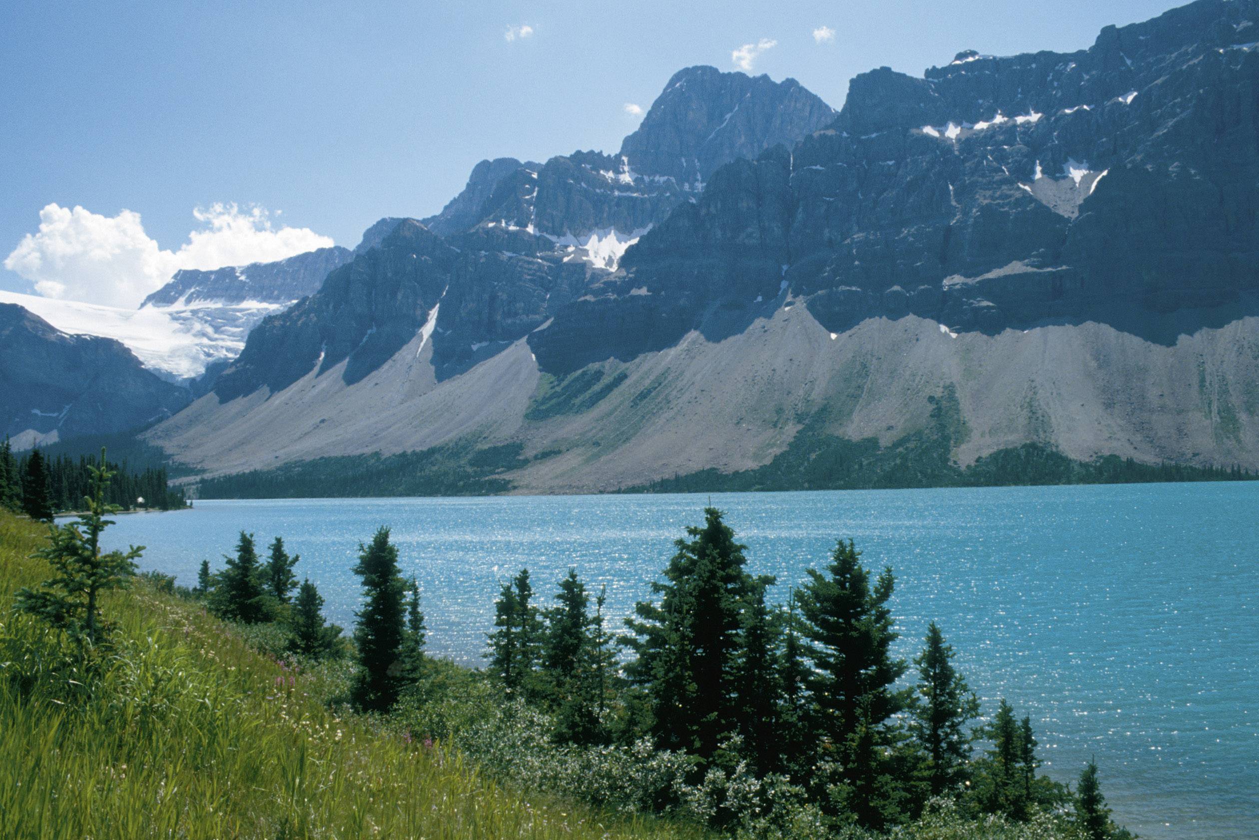 Un lac bleu turquoise devant une chaîne de montagnes aux sommets enneigés, entouré d'arbres verts sous un ciel bleu clair.