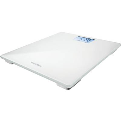 Balance numérique blanche avec affichage LCD bleu, indiquant un poids de 57,9 kg.