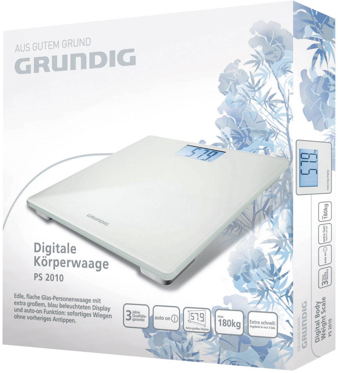 Balance personnelle numérique Grundig avec affichage LED, capacité jusqu'à 180 kg. L'emballage présente un design floral et les spécifications du produit.