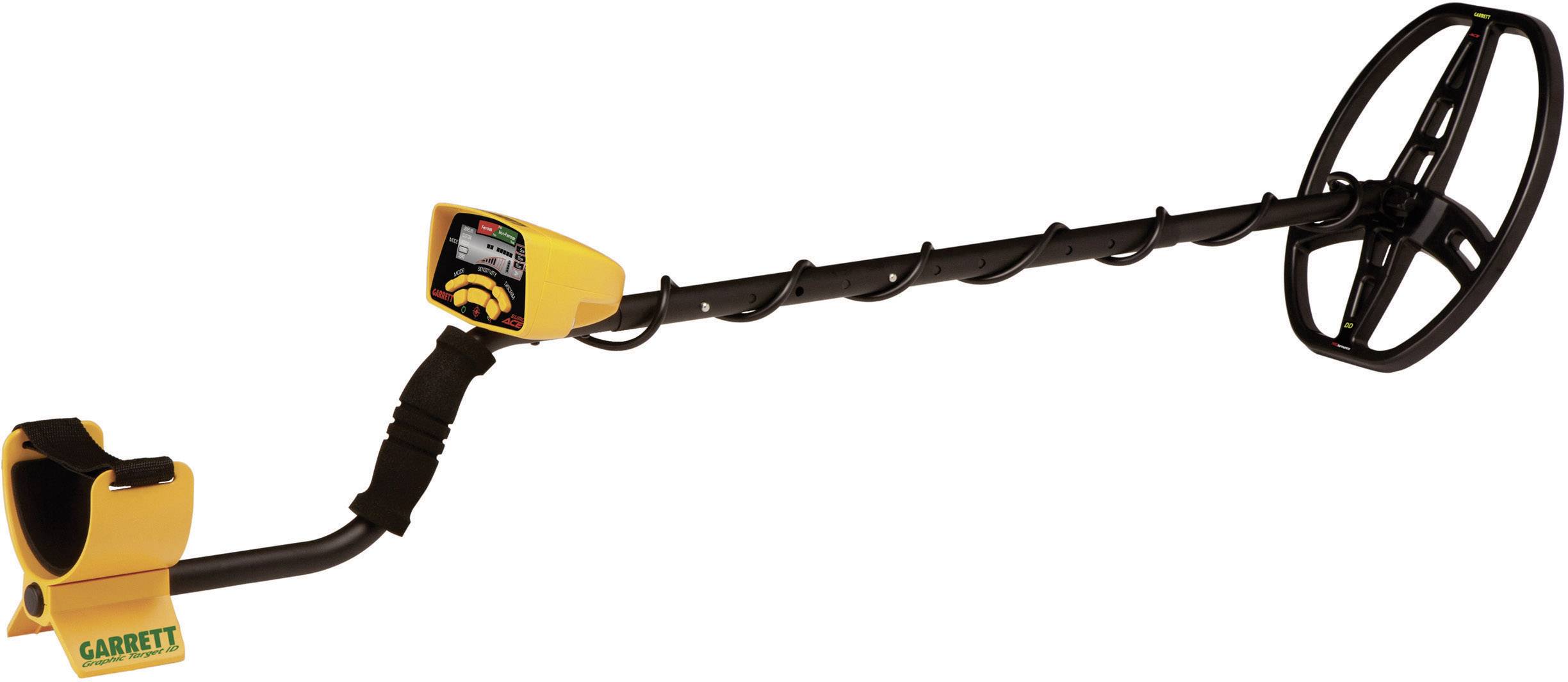 Détecteur de métaux au design noir et jaune, avec affichage et longue sonde. Utilisé pour détecter des objets métalliques dans le sol.