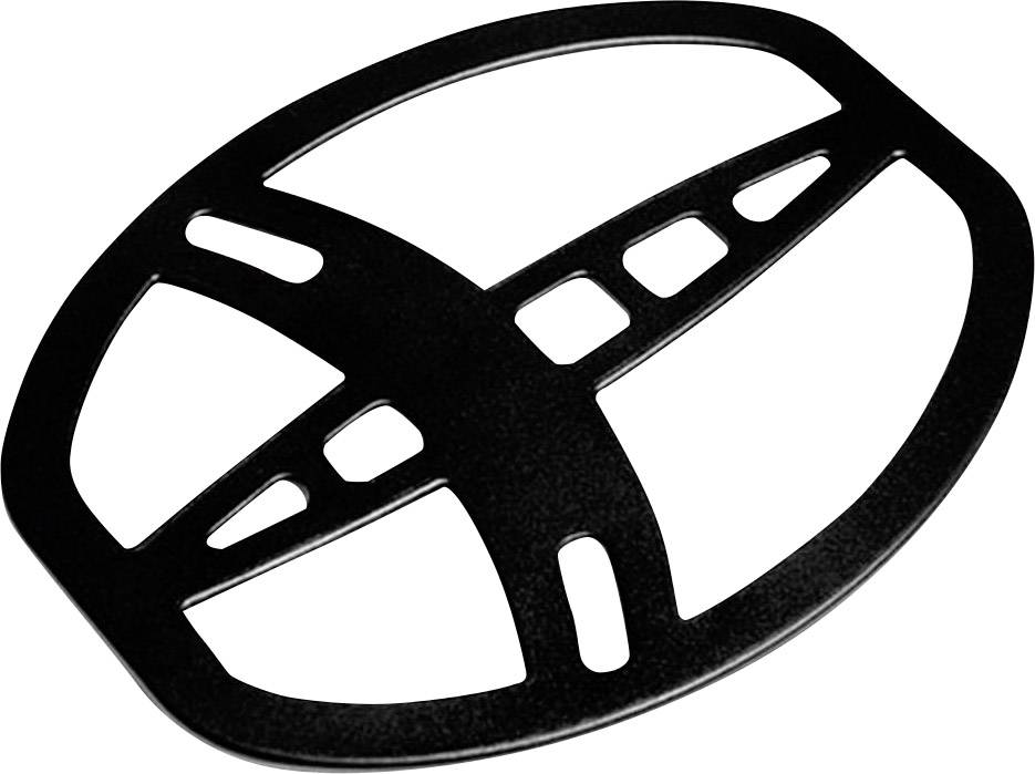 Objet métallique ovale avec plusieurs découpes et un motif en croix, probablement un composant décoratif ou fonctionnel.