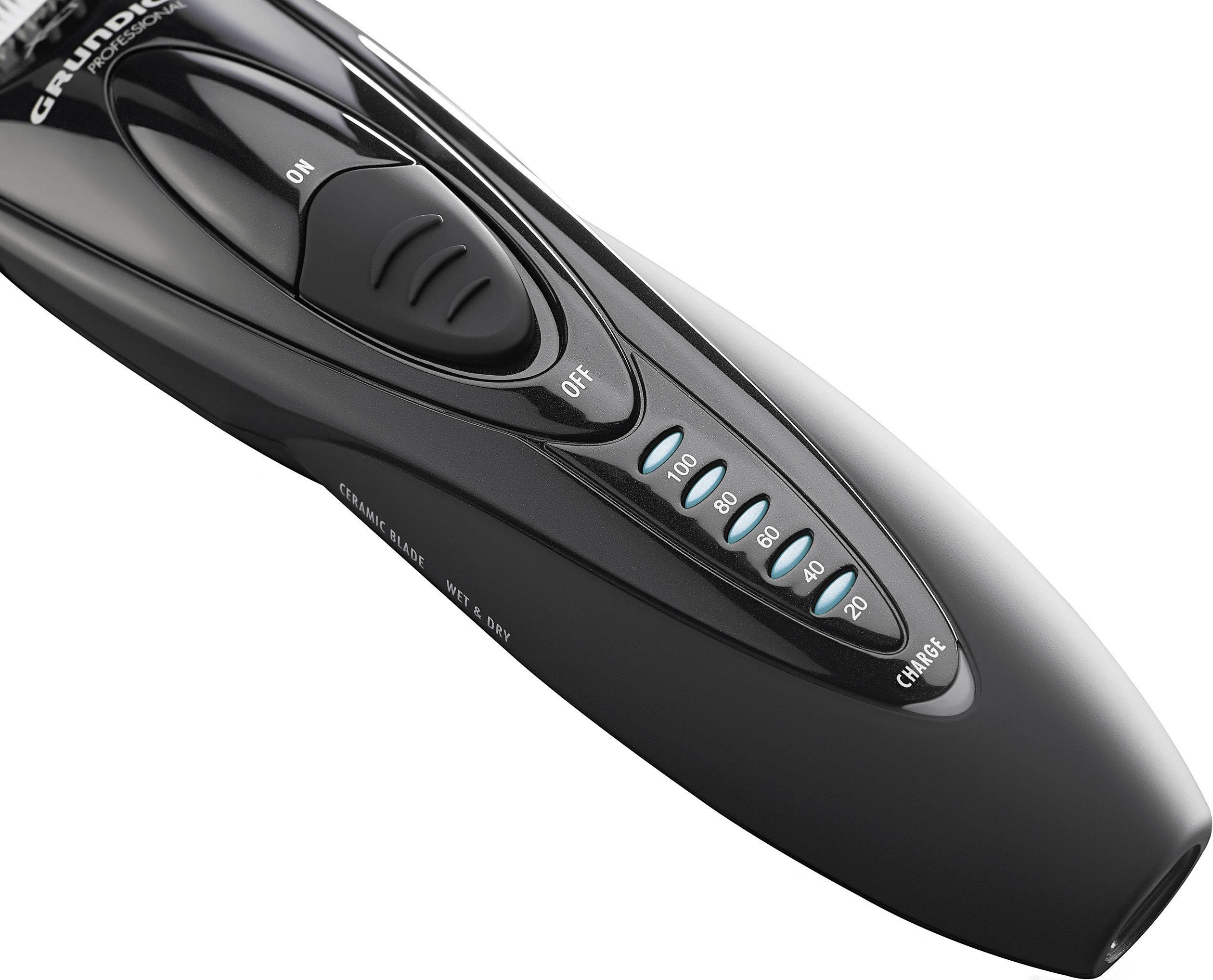 Rasoir électrique avec plusieurs options de réglage, indicateur de niveau de charge, design ergonomique.