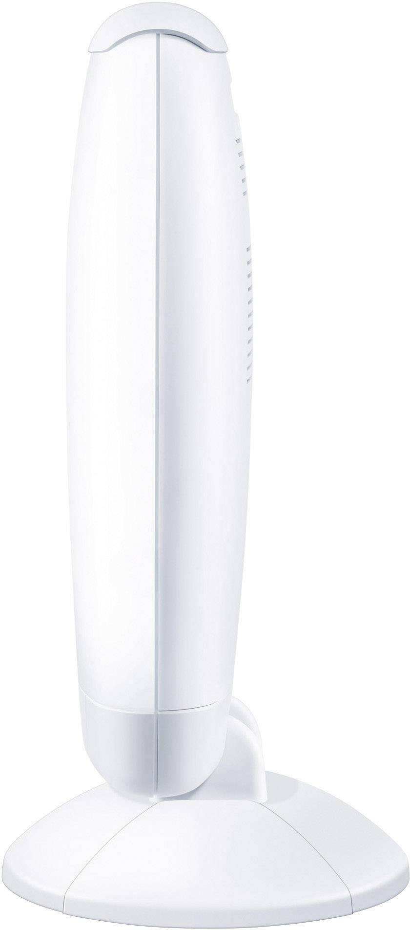 Un ventilateur blanc, de forme tubulaire, vu de profil, reposant sur un socle rond.