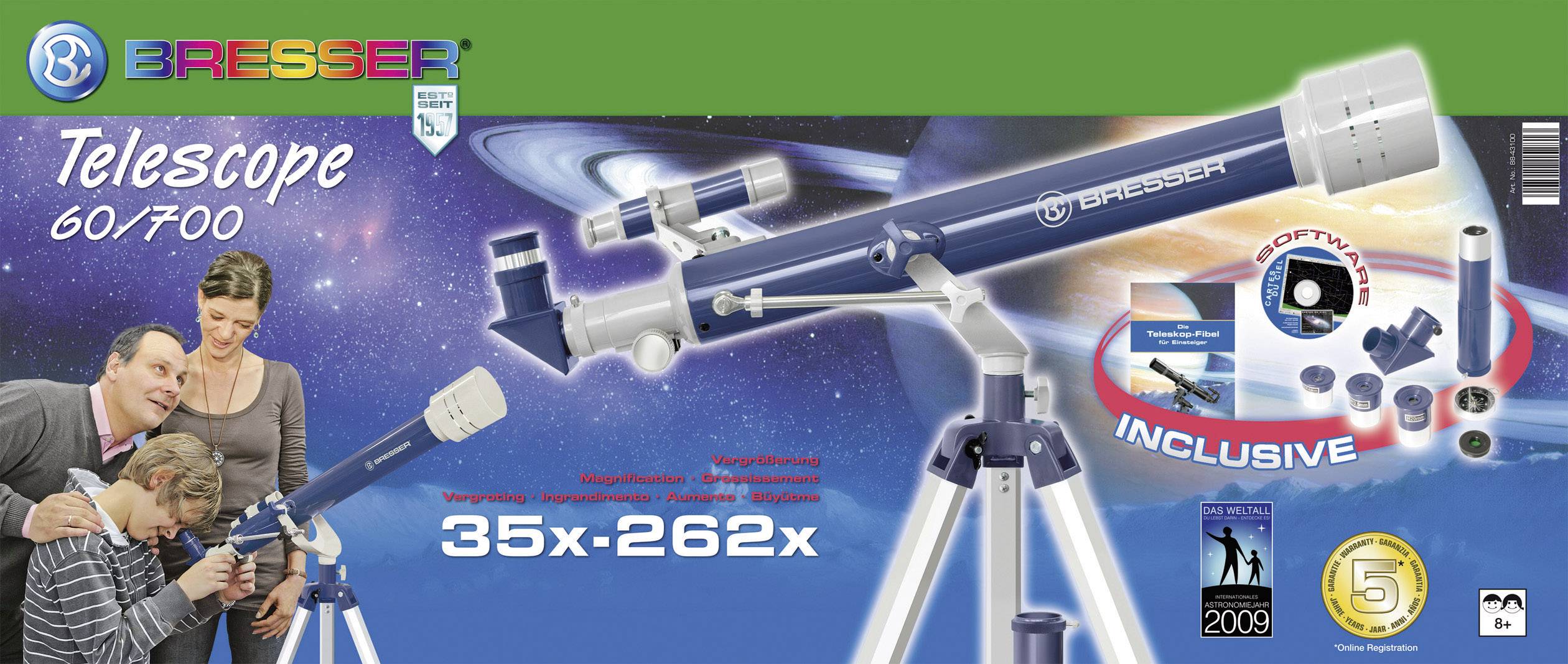 Télescope Bresser 60/700 : Grossissement 35x-262x, accessoires inclus. Contient une image d'une famille utilisant le télescope.