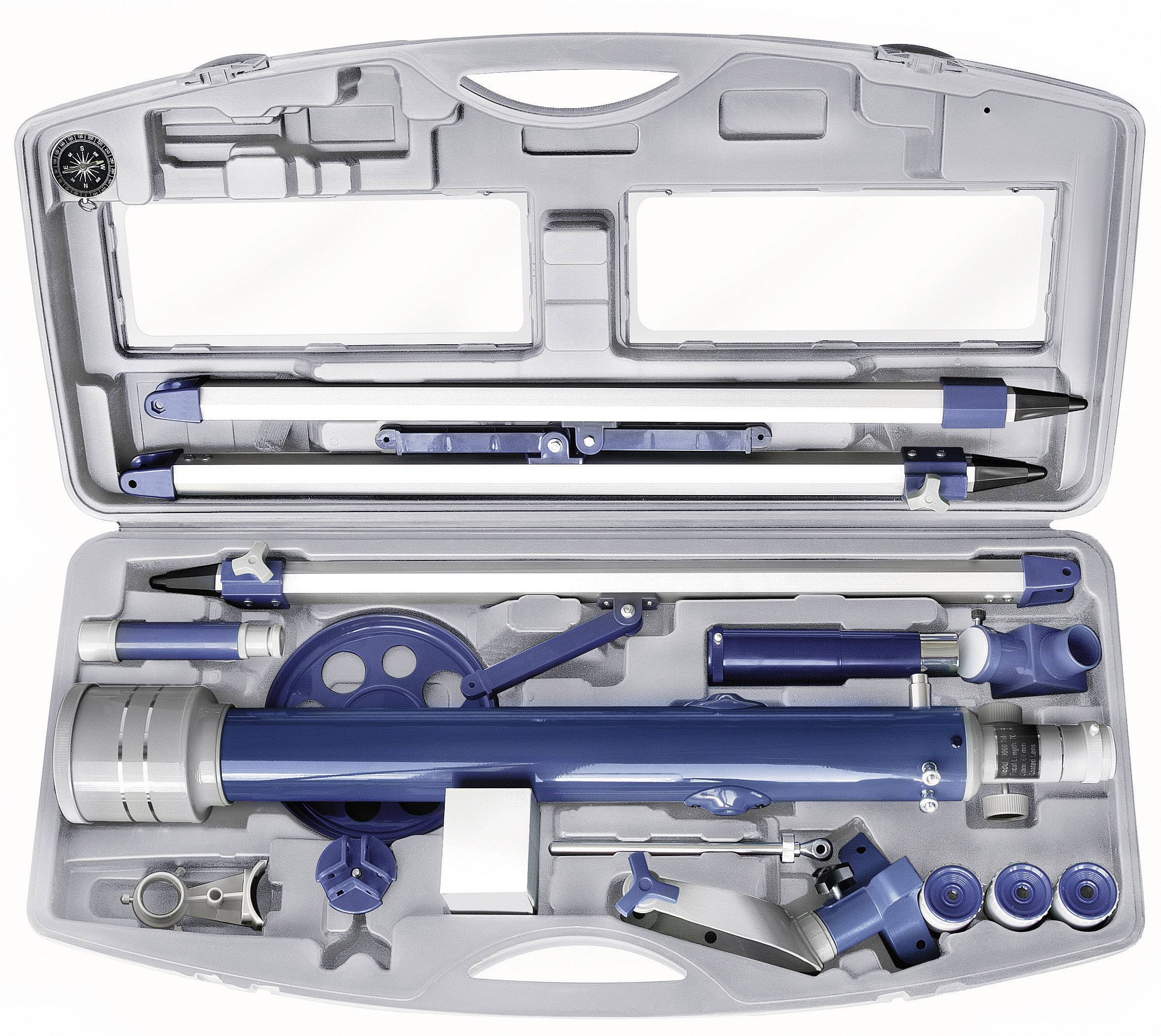 Un kit de télescope bleu et noir dans une valise. Comprend différentes pièces et accessoires pour l'assemblage et l'utilisation.