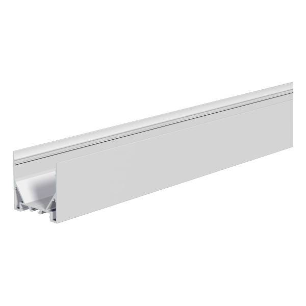 Un insert rectangulaire long en aluminium pour bandes LED. Sur la gauche, on observe une zone diffuse qui répartit la lumière uniformément.