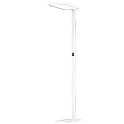 Un lampadaire moderne, blanc, doté d'un abat-jour carré et d'un pied étroit, adapté à une utilisation dans un bureau ou un espace de vie.