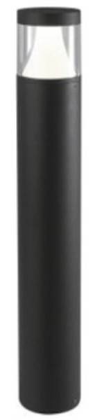 Un luminaire extérieur noir cylindrique, éclairant vers le haut. Idéal pour l'éclairage des trottoirs ou des jardins.