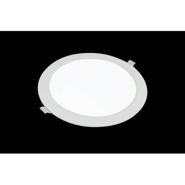 Panneau lumineux LED rond, cadre blanc, surface de fond noire.