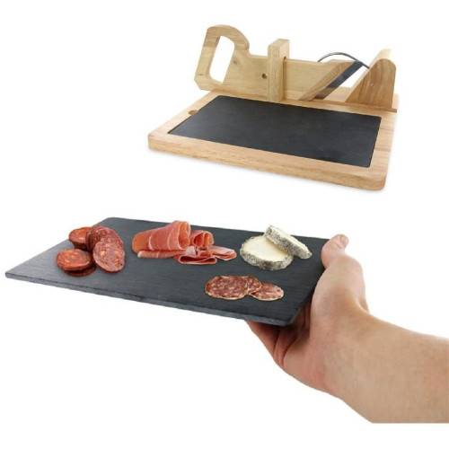 Guillotine à saucisson en bois avec plateau ardoise-1