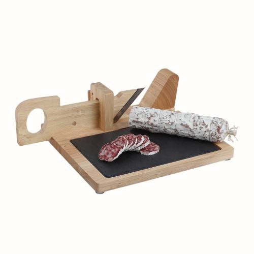 Guillotine à saucisson en bois avec plateau ardoise-2