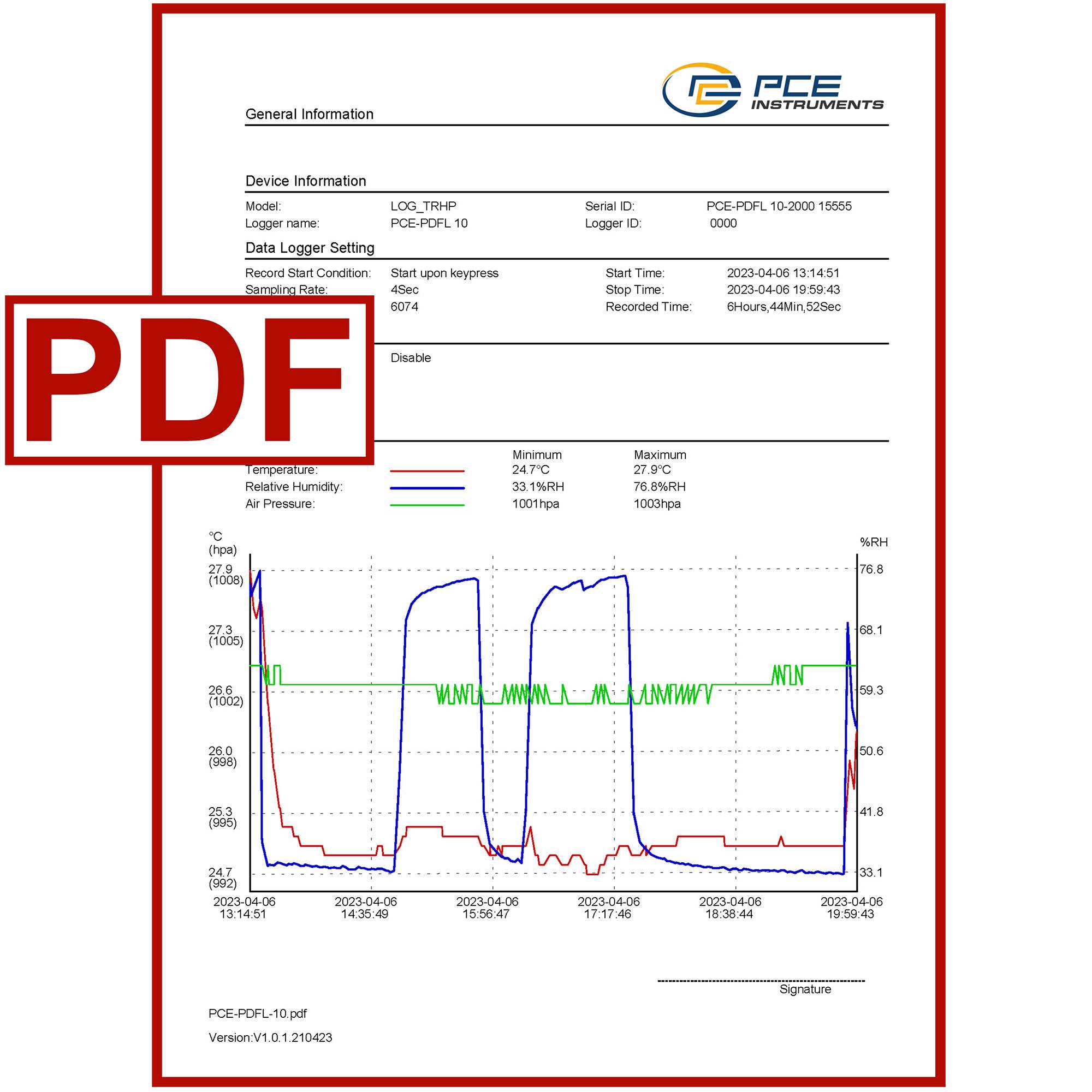 PCE Instruments PCE-PDFL 10 Enregistreur de données PDF Valeur de mesure humidité de l'air, température, pression atmosp-1