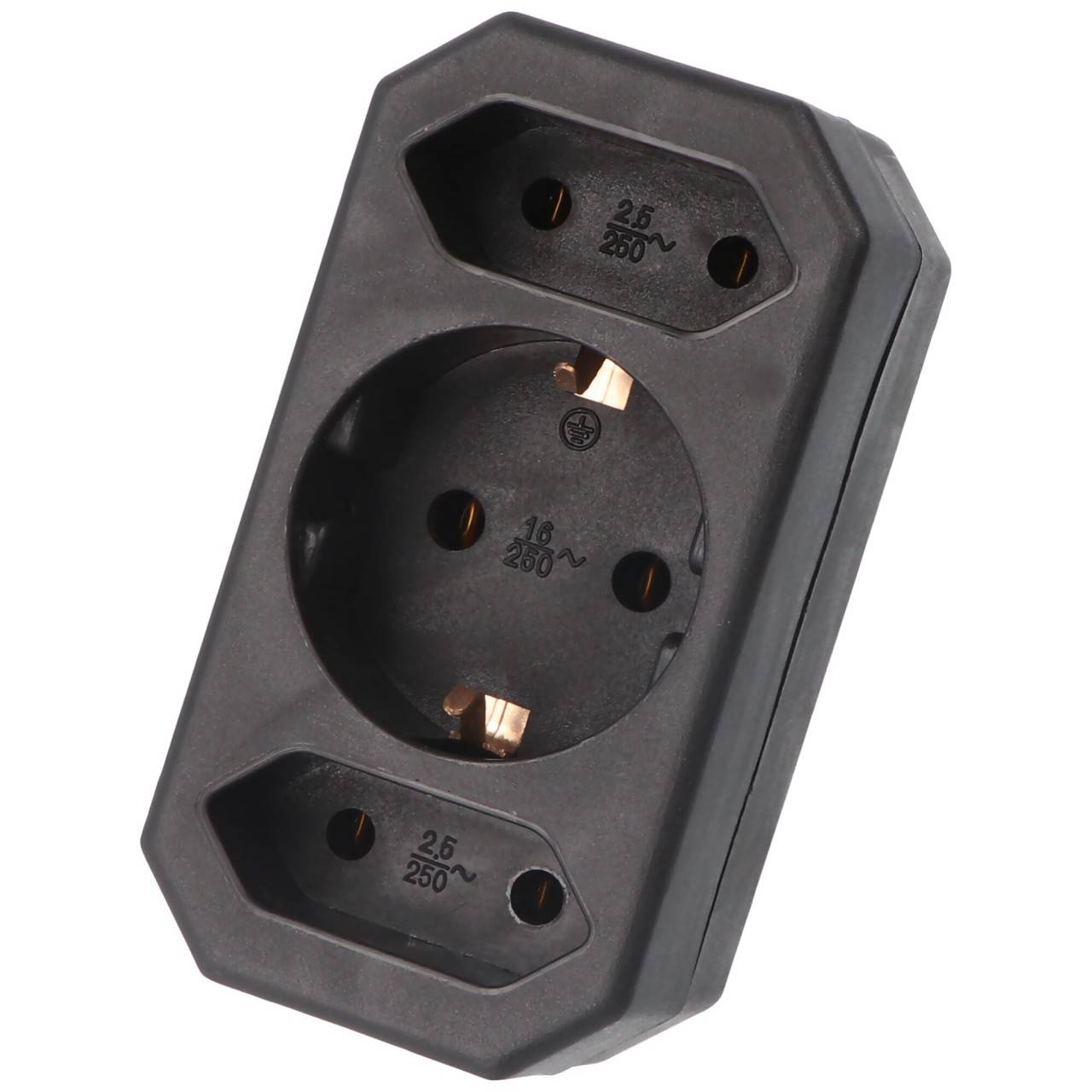 Prise multi 2x Euro et 1x contact de protection noir vertical - ATTENTION PRISE DE TYPE F-0