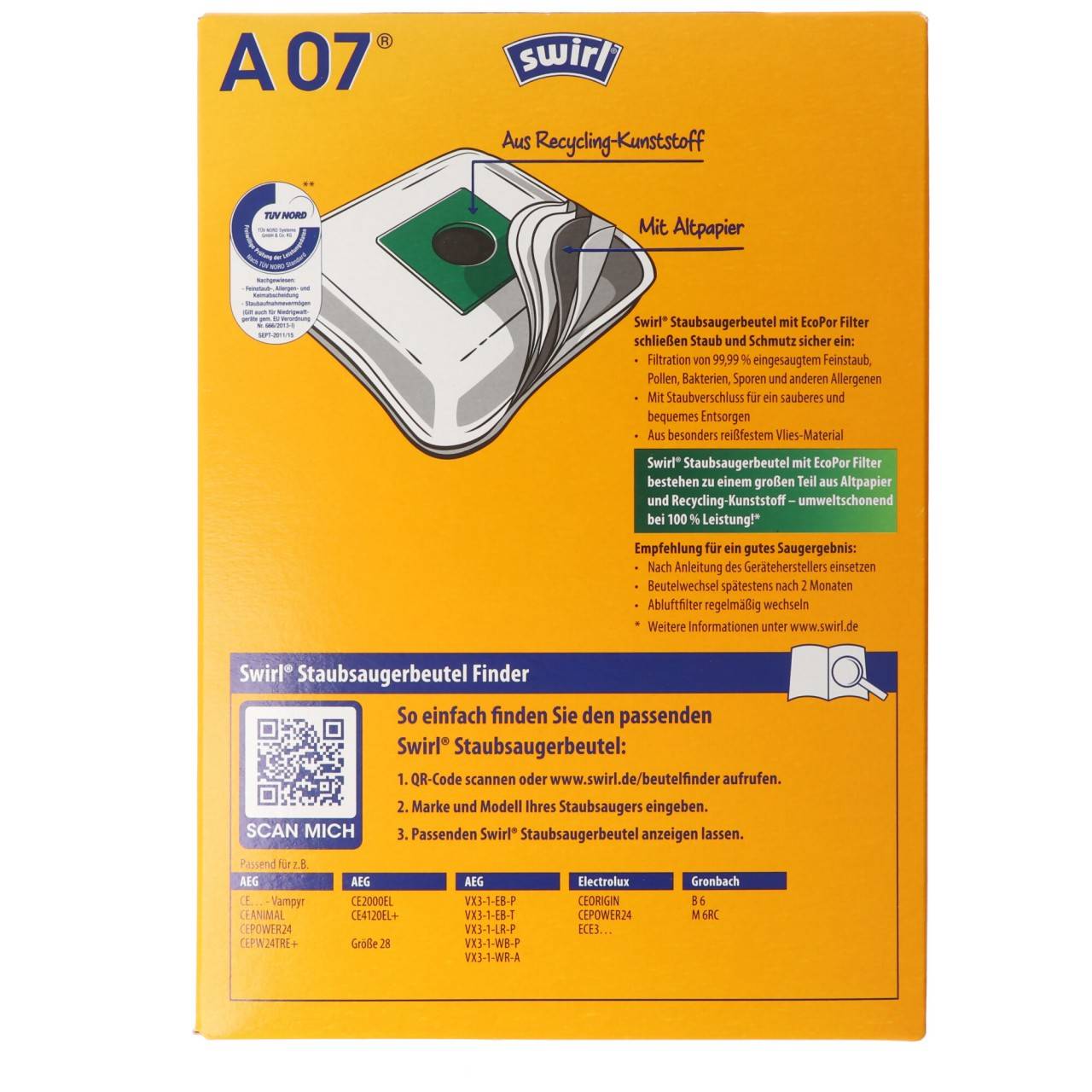 Sac aspirateur Swirl A07 MicroPor Plus pour aspirateurs AEG, Electrolux, Progress et Volta-1