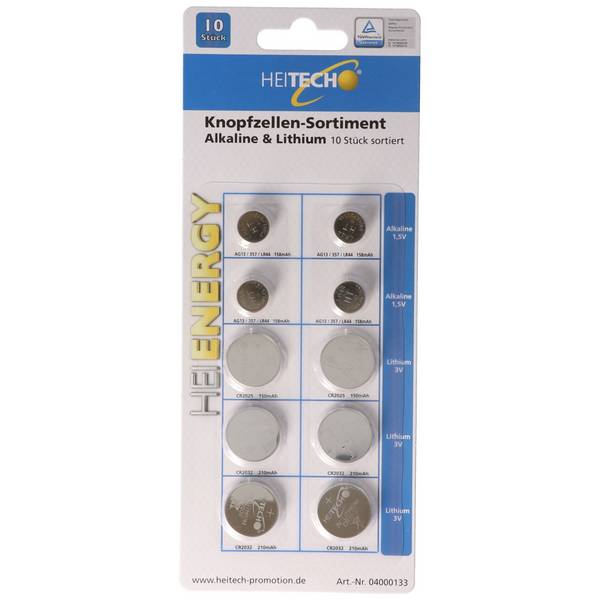 10 piles alcalines et piles bouton au lithium, pour de nombreux domaines d'application, triées dans un ensemble