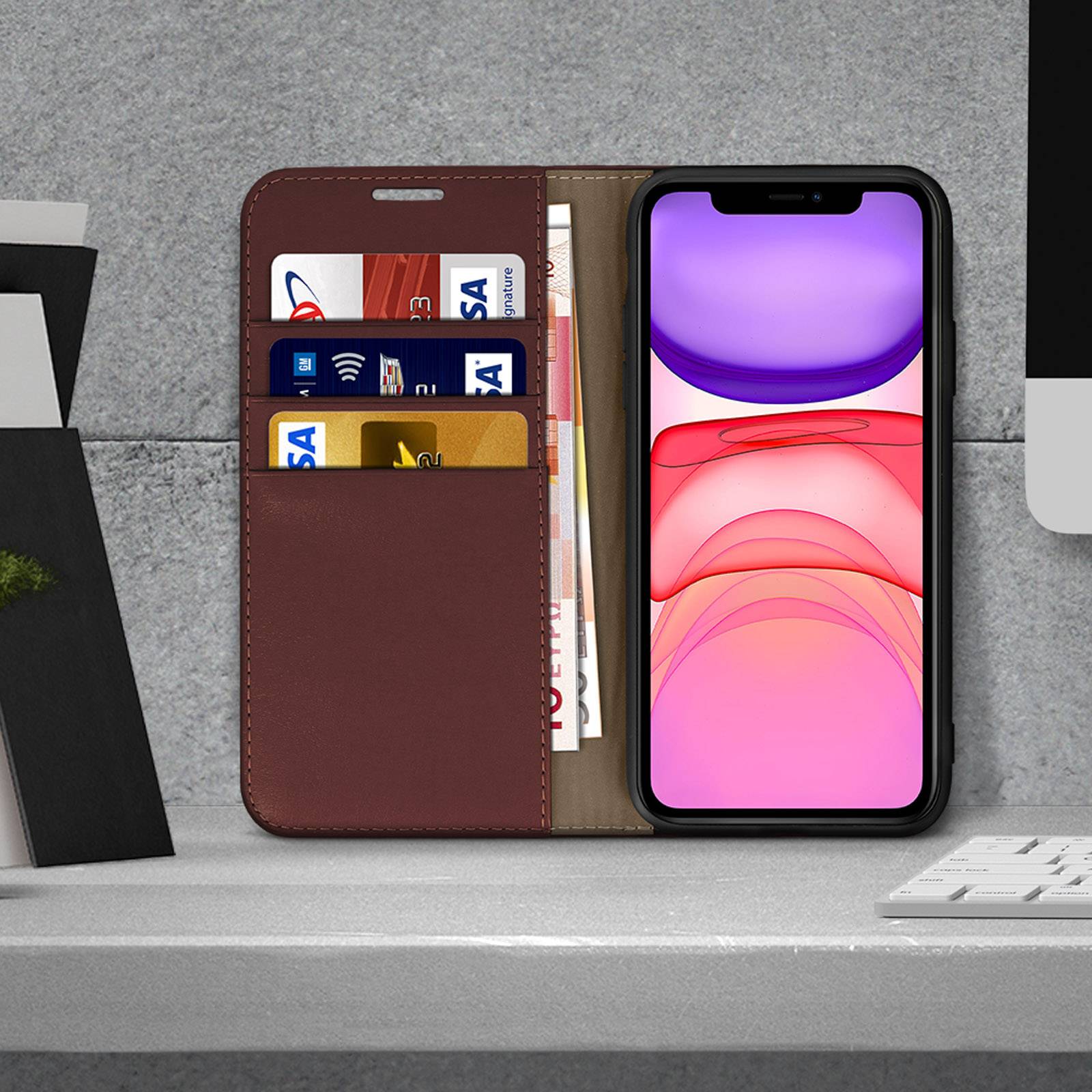 Étui pour iPhone 11 Folio Cuir Véritable Porte cartes Support Vidéo-2