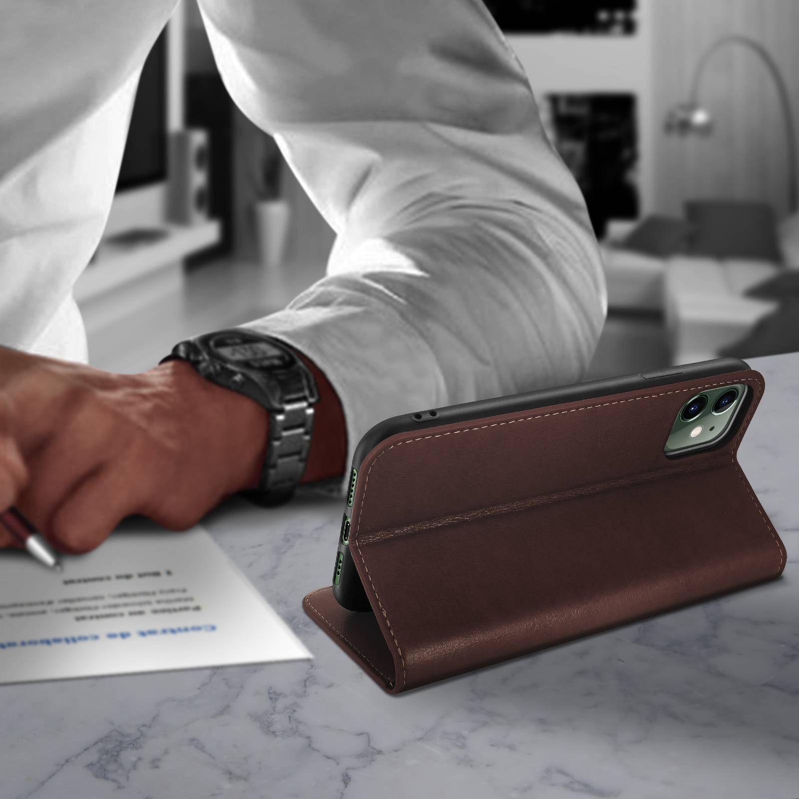 Étui pour iPhone 11 Folio Cuir Véritable Porte cartes Support Vidéo-3