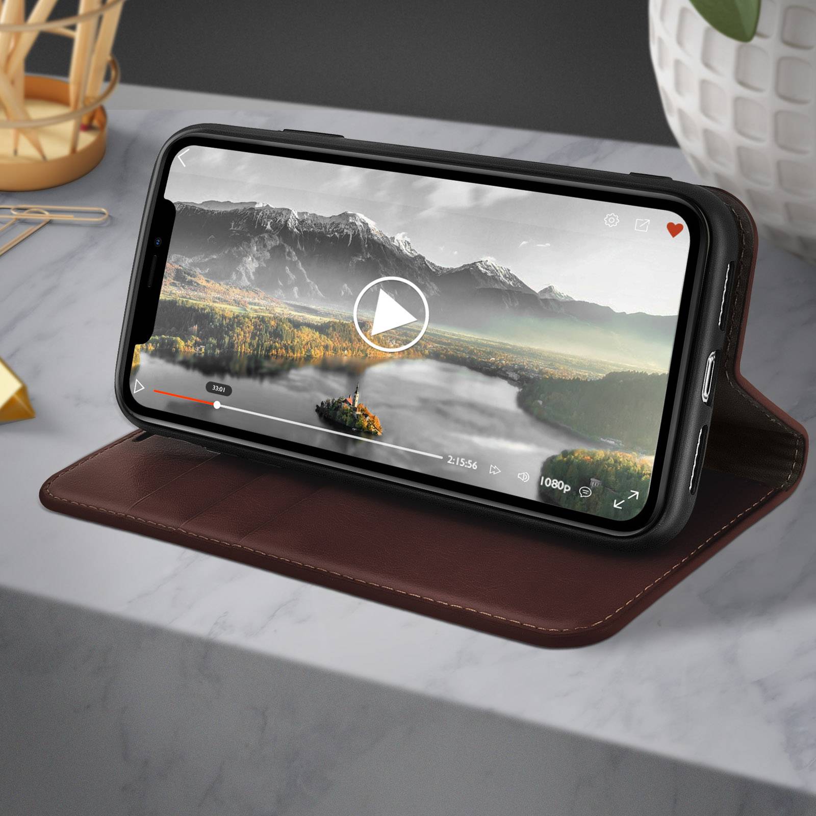Étui pour iPhone 11 Folio Cuir Véritable Porte cartes Support Vidéo-4