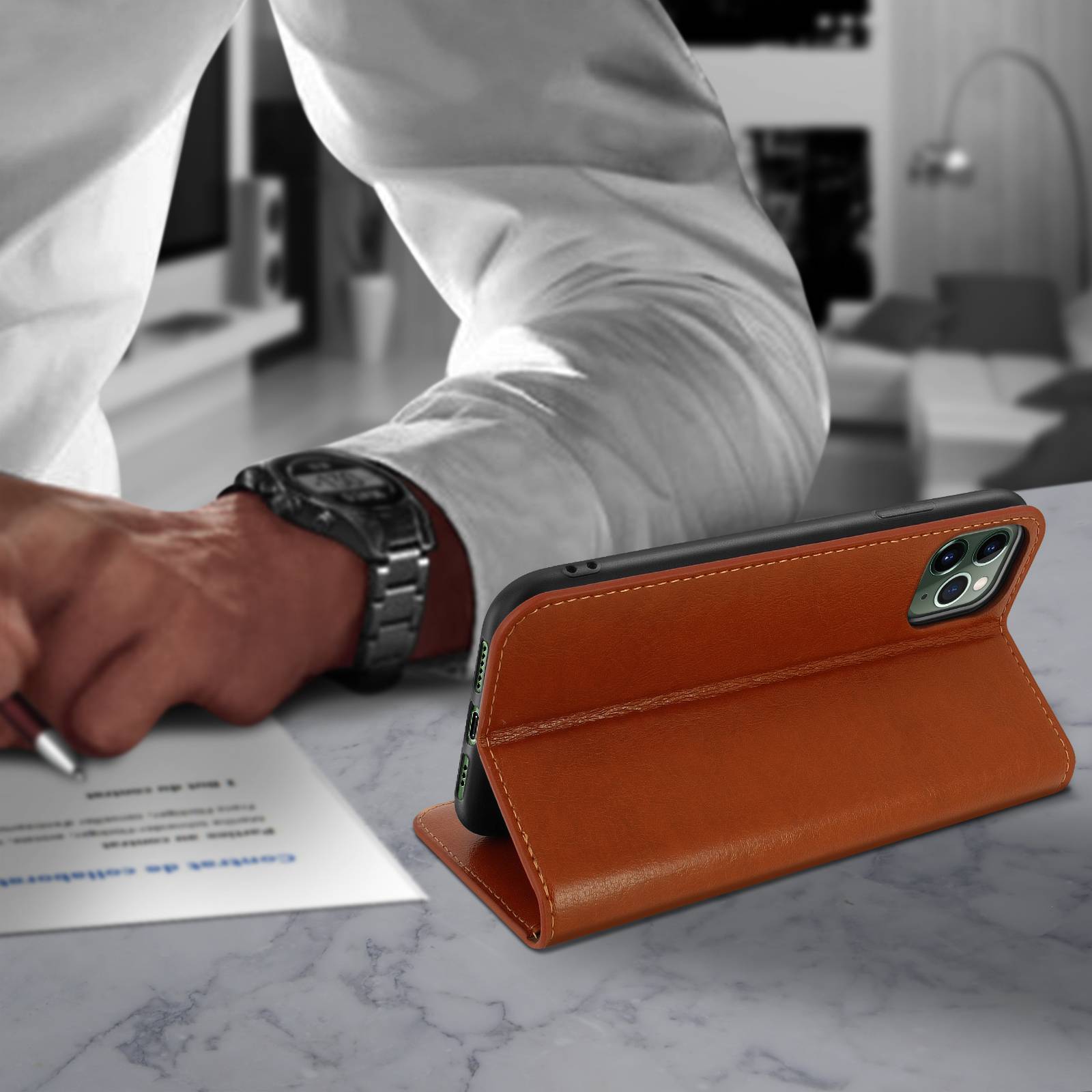 Étui pour iPhone 11 Pro Max Folio Cuir Véritable Porte cartes Support Vidéo-3