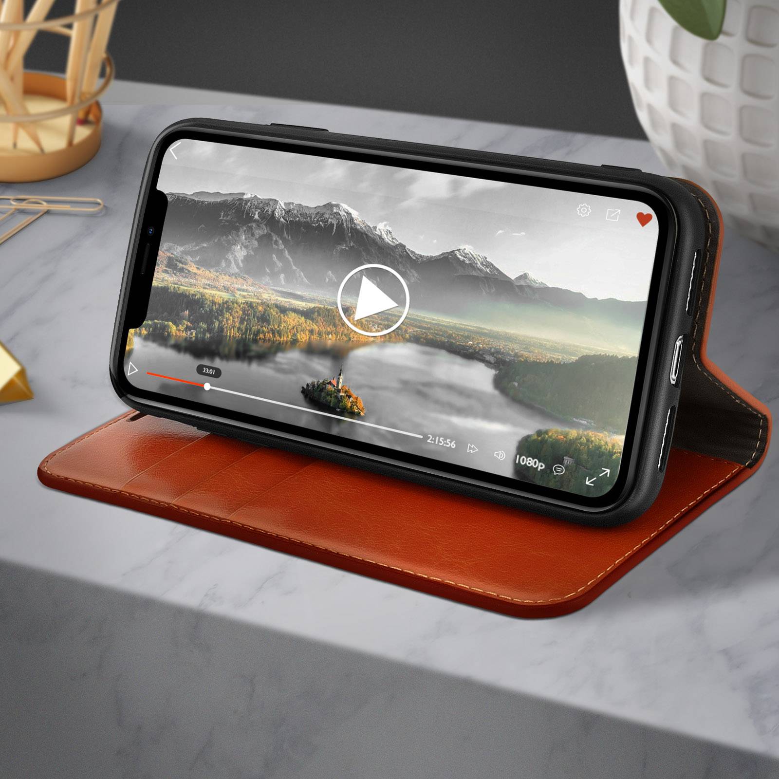 Étui pour iPhone 11 Pro Max Folio Cuir Véritable Porte cartes Support Vidéo-4