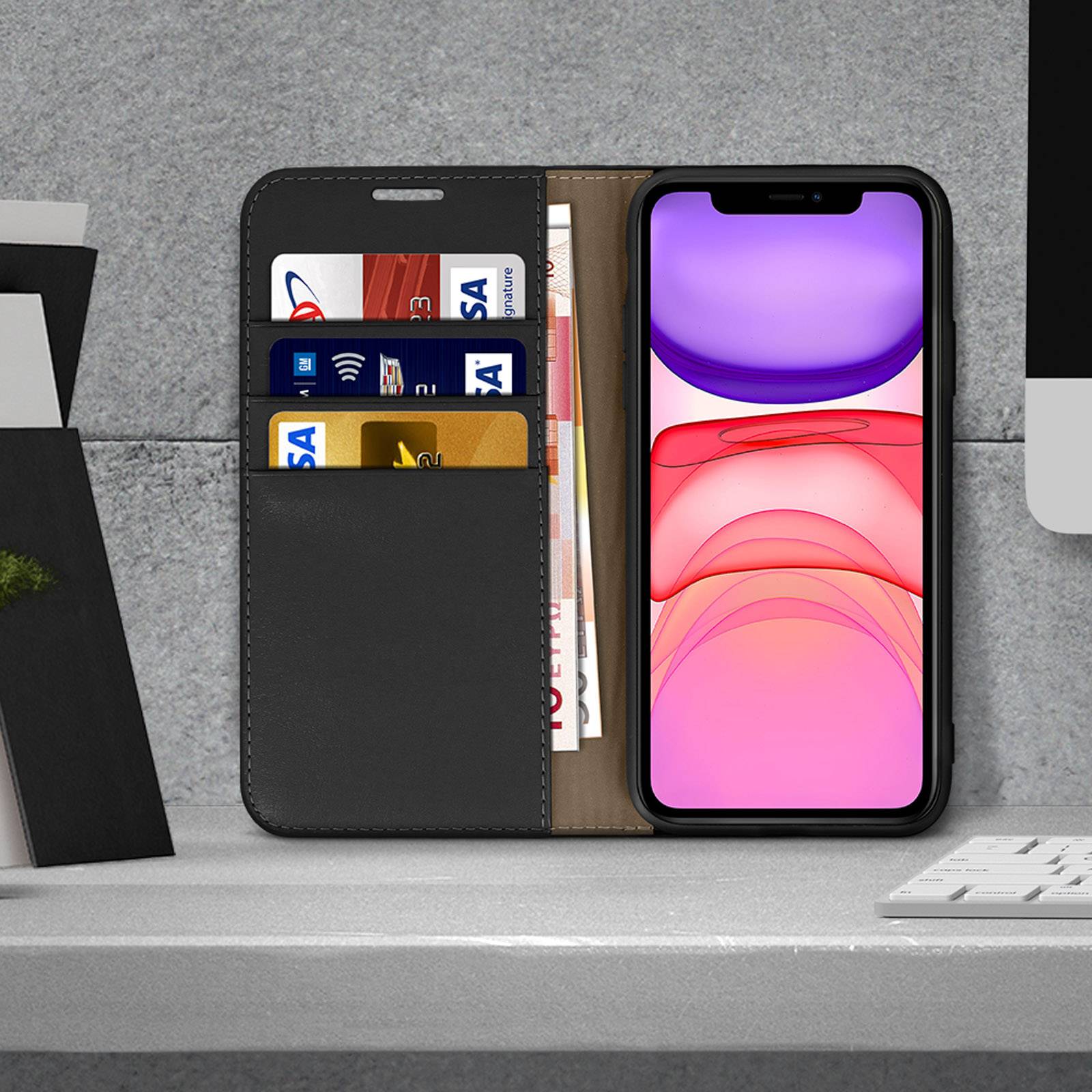 Étui pour iPhone 11 Folio Cuir Véritable Porte cartes Support Vidéo-2