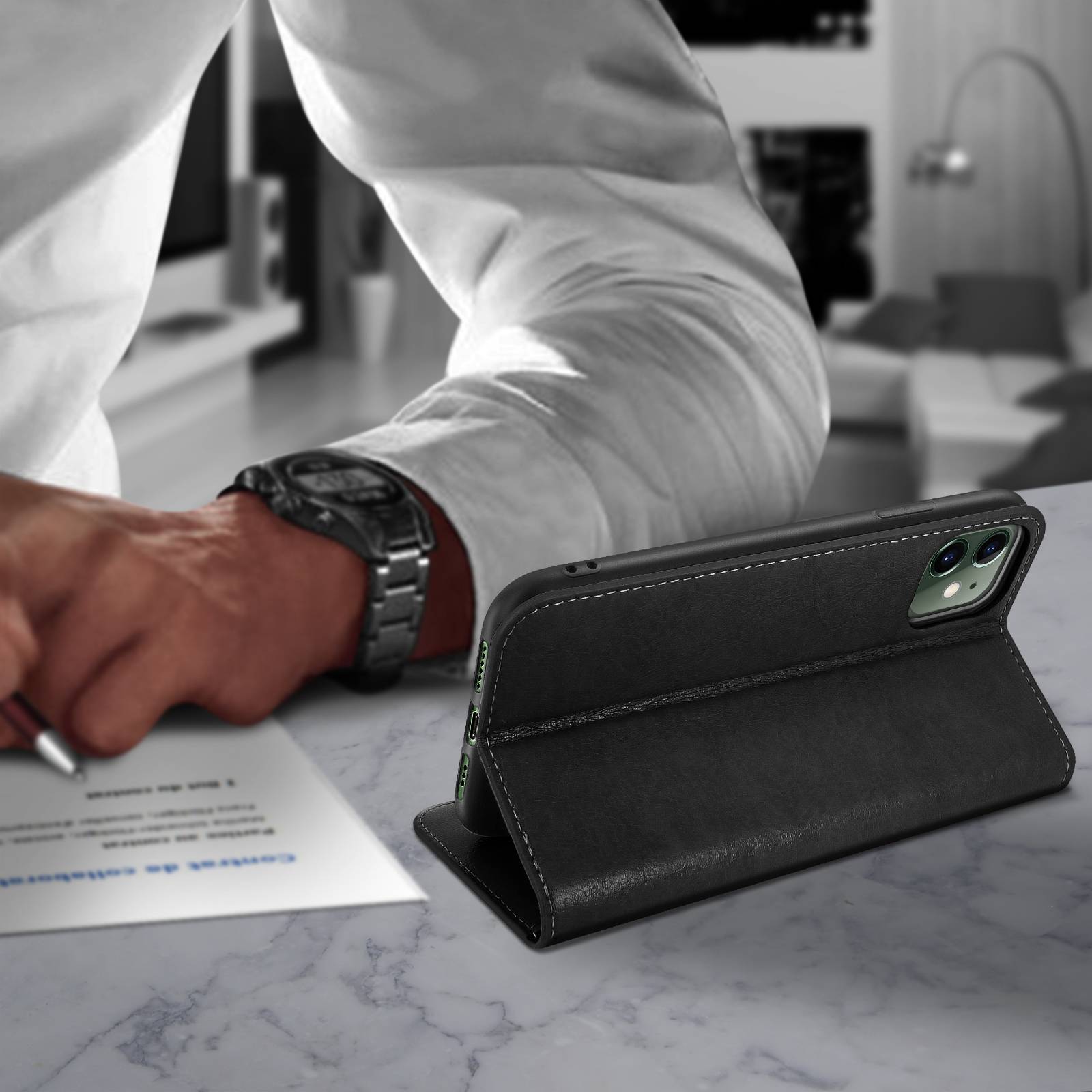 Étui pour iPhone 11 Folio Cuir Véritable Porte cartes Support Vidéo-3