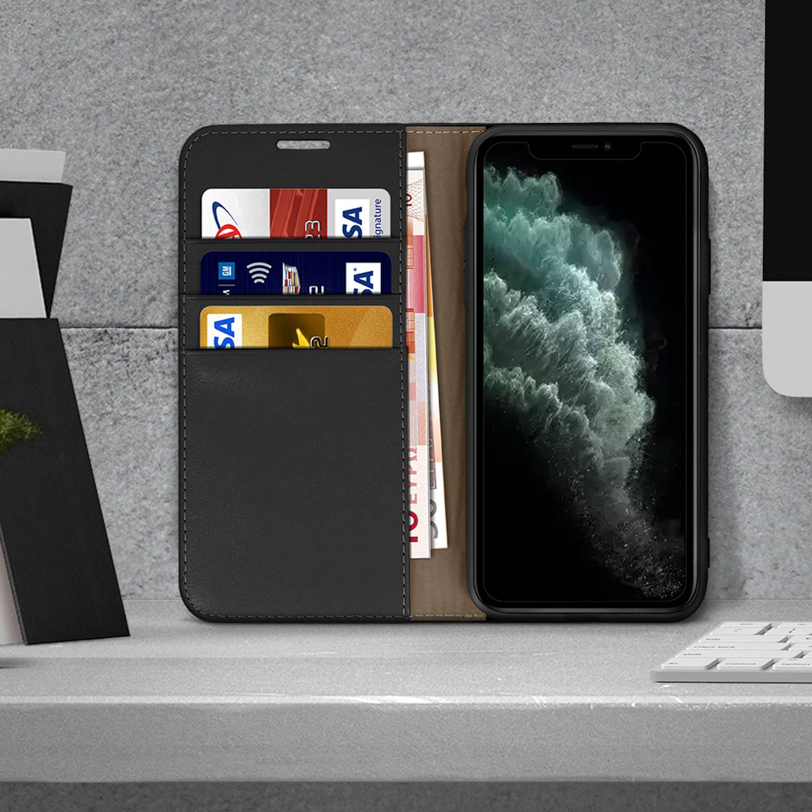 Étui pour iPhone 11 Pro Folio Cuir Véritable Porte cartes Support Vidéo-2
