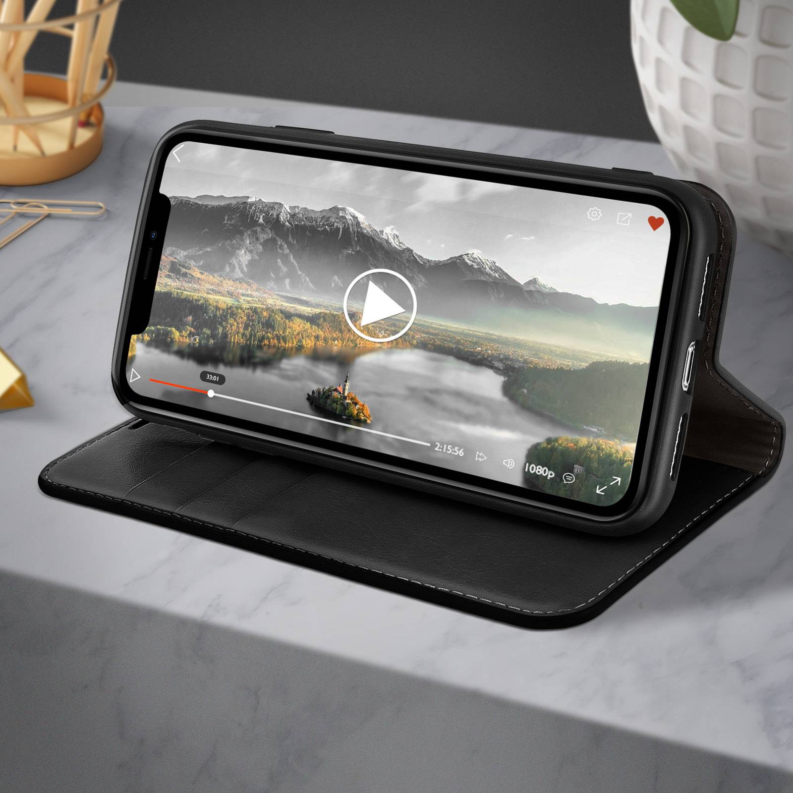 Étui pour iPhone 11 Pro Folio Cuir Véritable Porte cartes Support Vidéo-4