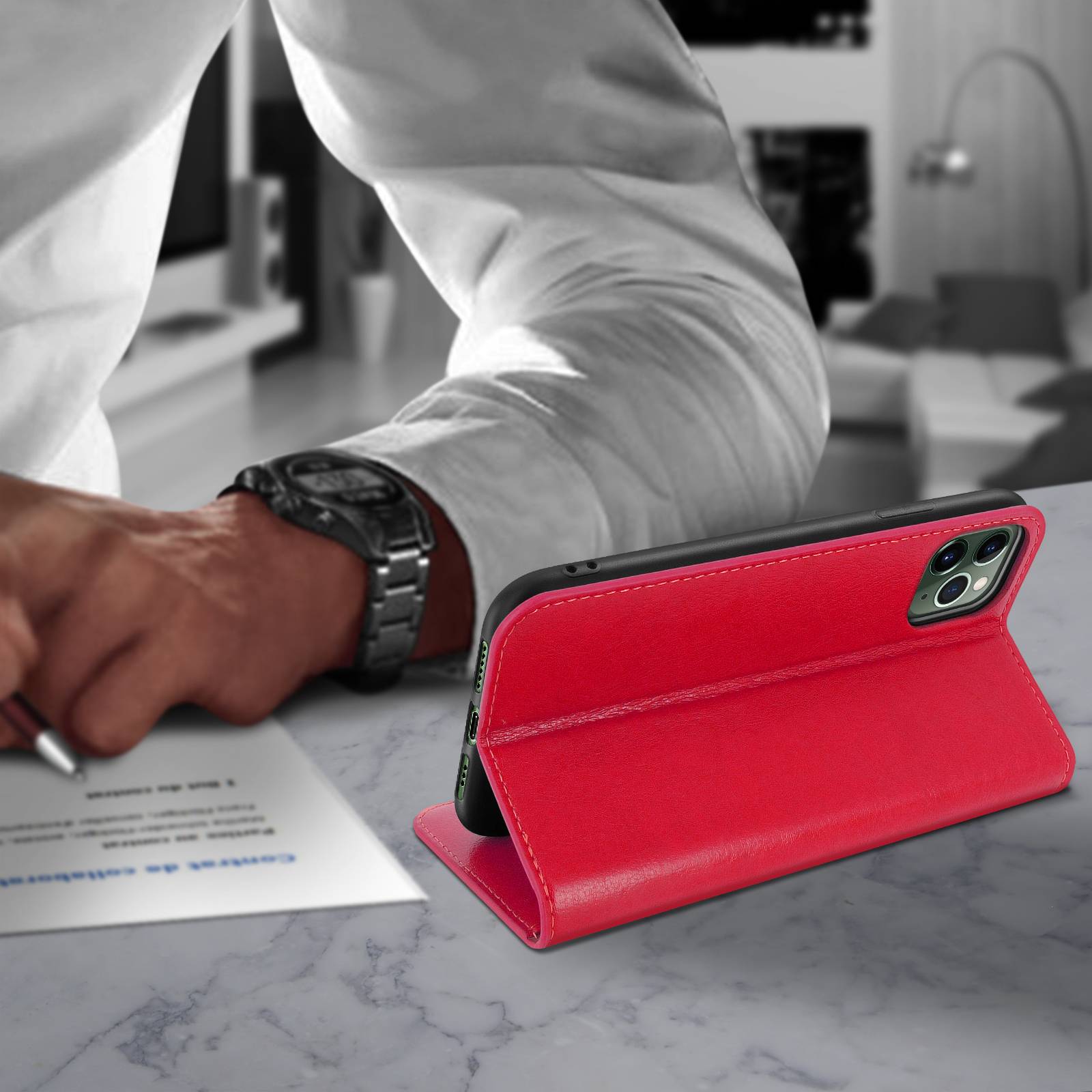 Étui pour iPhone 11 Pro Max Folio Cuir Véritable Porte cartes Support Vidéo-3