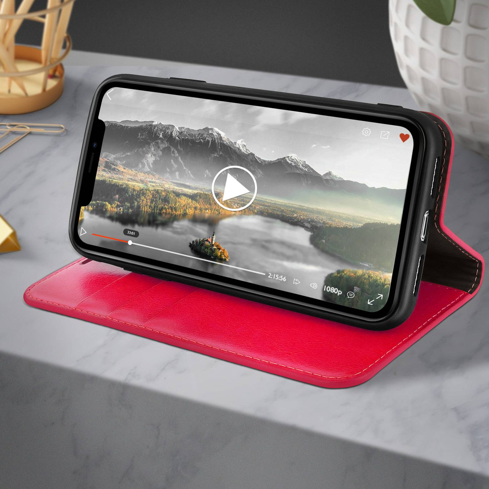Étui pour iPhone 11 Pro Max Folio Cuir Véritable Porte cartes Support Vidéo-4