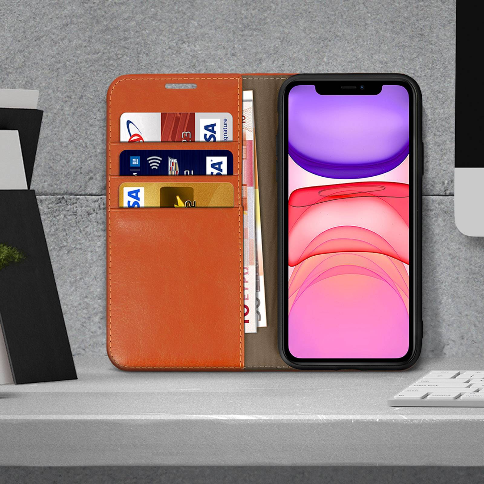 Étui pour iPhone 11 Folio Cuir Véritable Porte cartes Support Vidéo-2
