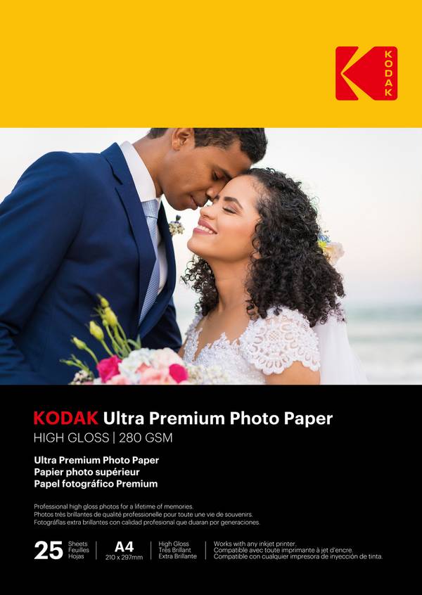 KODAK Ultra Premium Photo Paper - Papier Photo Brillant, Pack de 25 Feuilles, Format A4 (21x29,7cm), 280g/m², Impressio