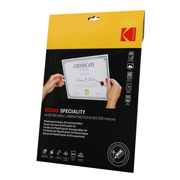 KODAK Retrievable Laminating Pouches KD-LMA4RET-PK10F - Pochette de Plastification Réutilisable A4, 200 Microns, Lot de