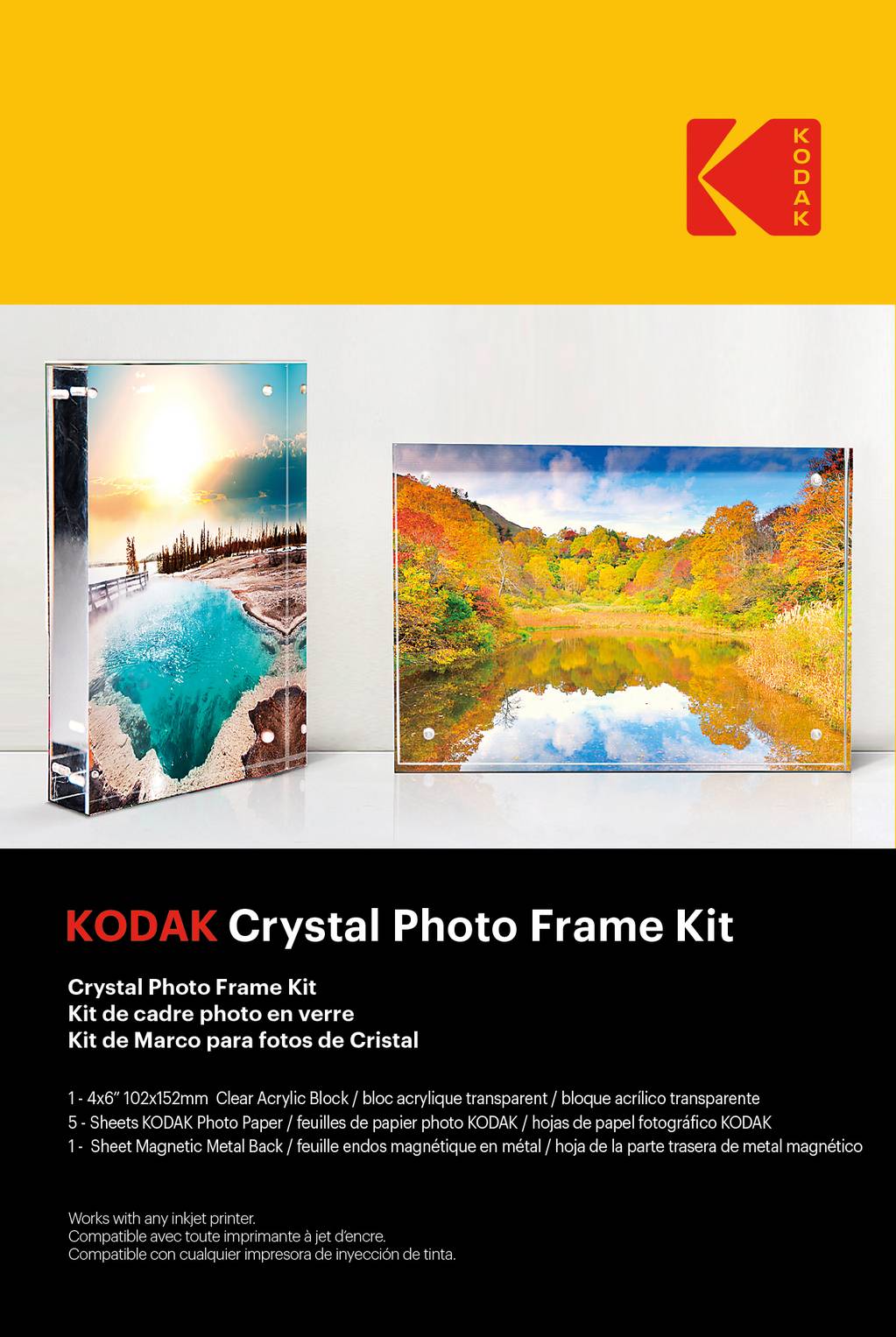 KODAK Crystal Photo Frame Kit - Cadre Transparent, Format A6 (10x15cm), 5 Feuilles de Papiers Photos et une Feuille Mag-0