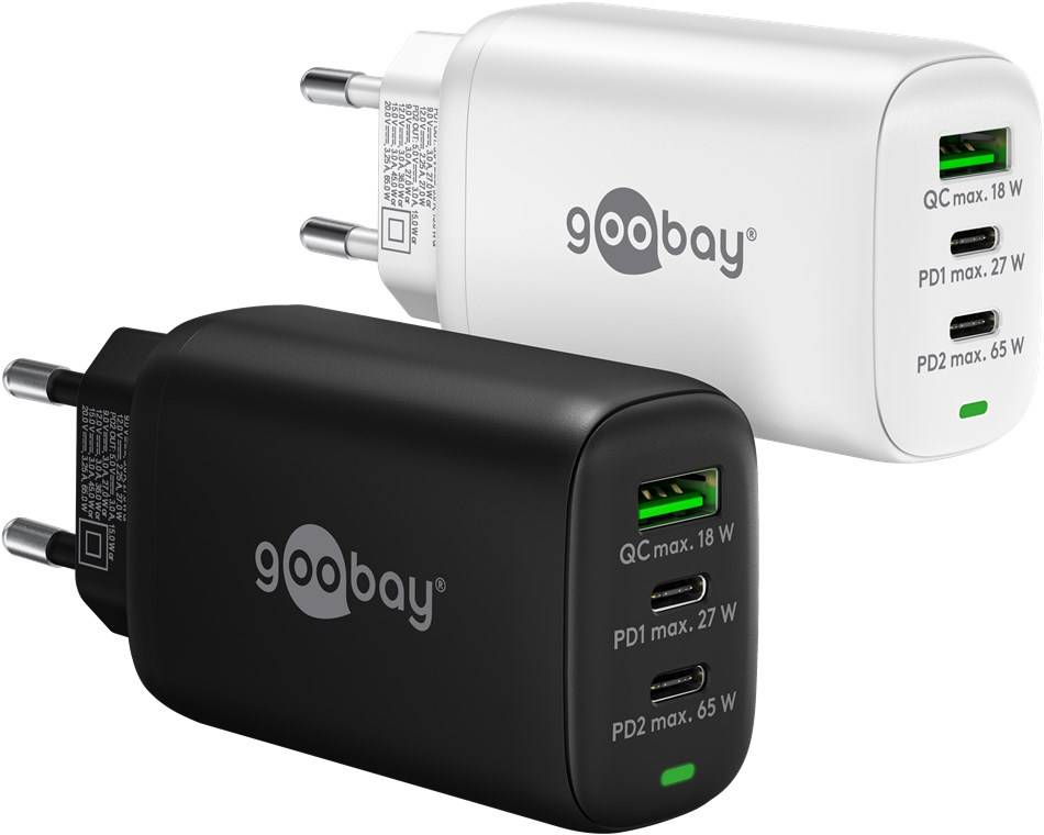 Goobay USB-C™ PD chargeur rapide multiport 3 voies (65 W) blanc - 2x ports USB-C™ (Power Delivery) et 1x port USB-A...