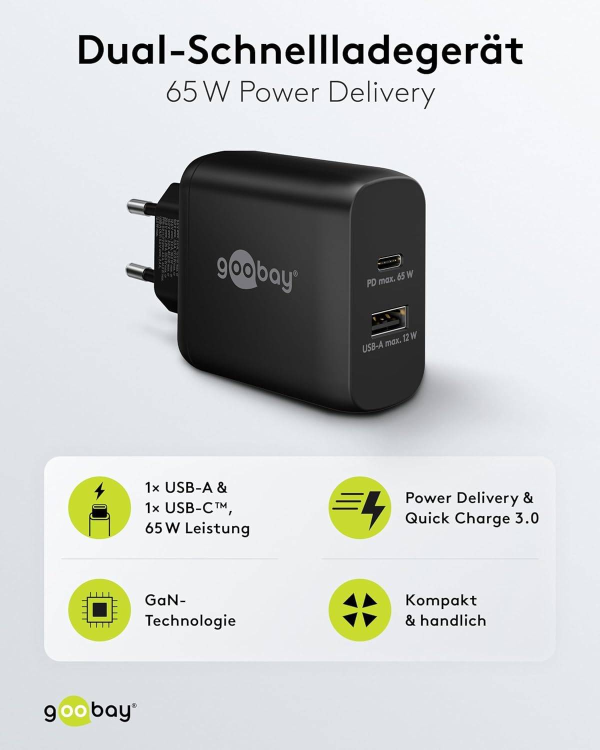 Goobay USB-C™ PD double chargeur rapide (65 W) noir - 1x port USB-C™ (Power Delivery) et 1x port USB-A - noir-1